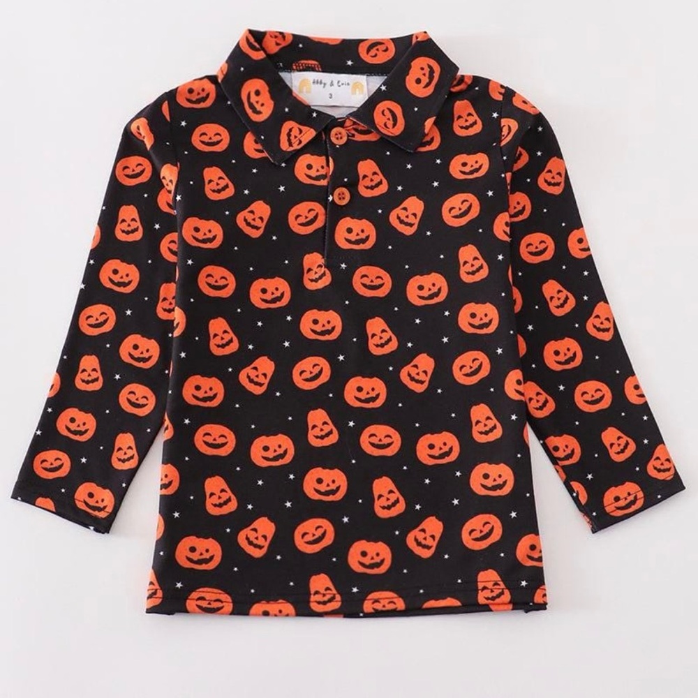 Abby & Evie Halloween Pumpkin Print Long Sleeve Collared Shirt